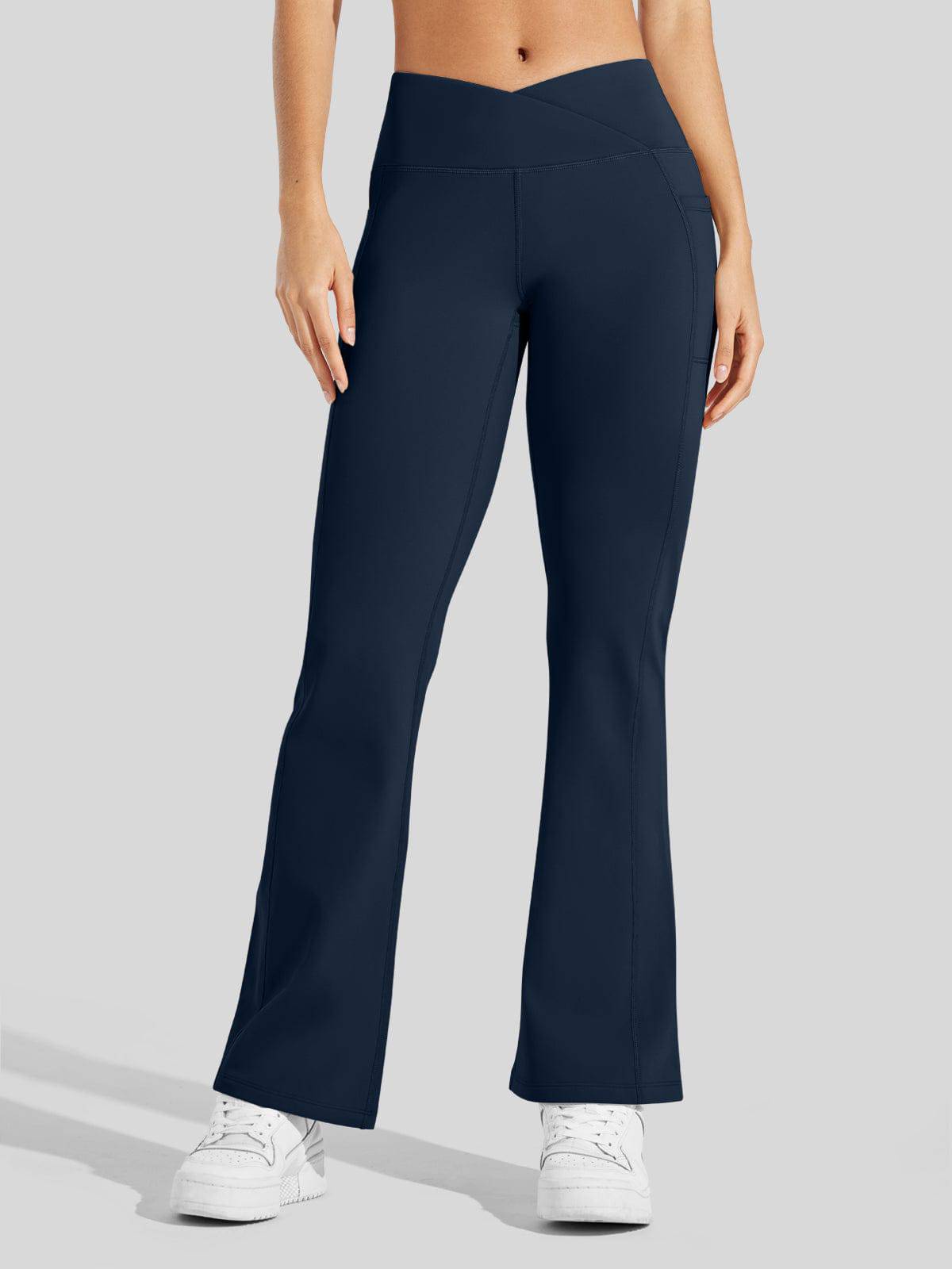 Lavisa - Women's Fleece Lined Crossover Flared Leggings with Pockets
