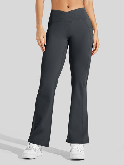 Lavisa - Women's Fleece Lined Crossover Flared Leggings with Pockets