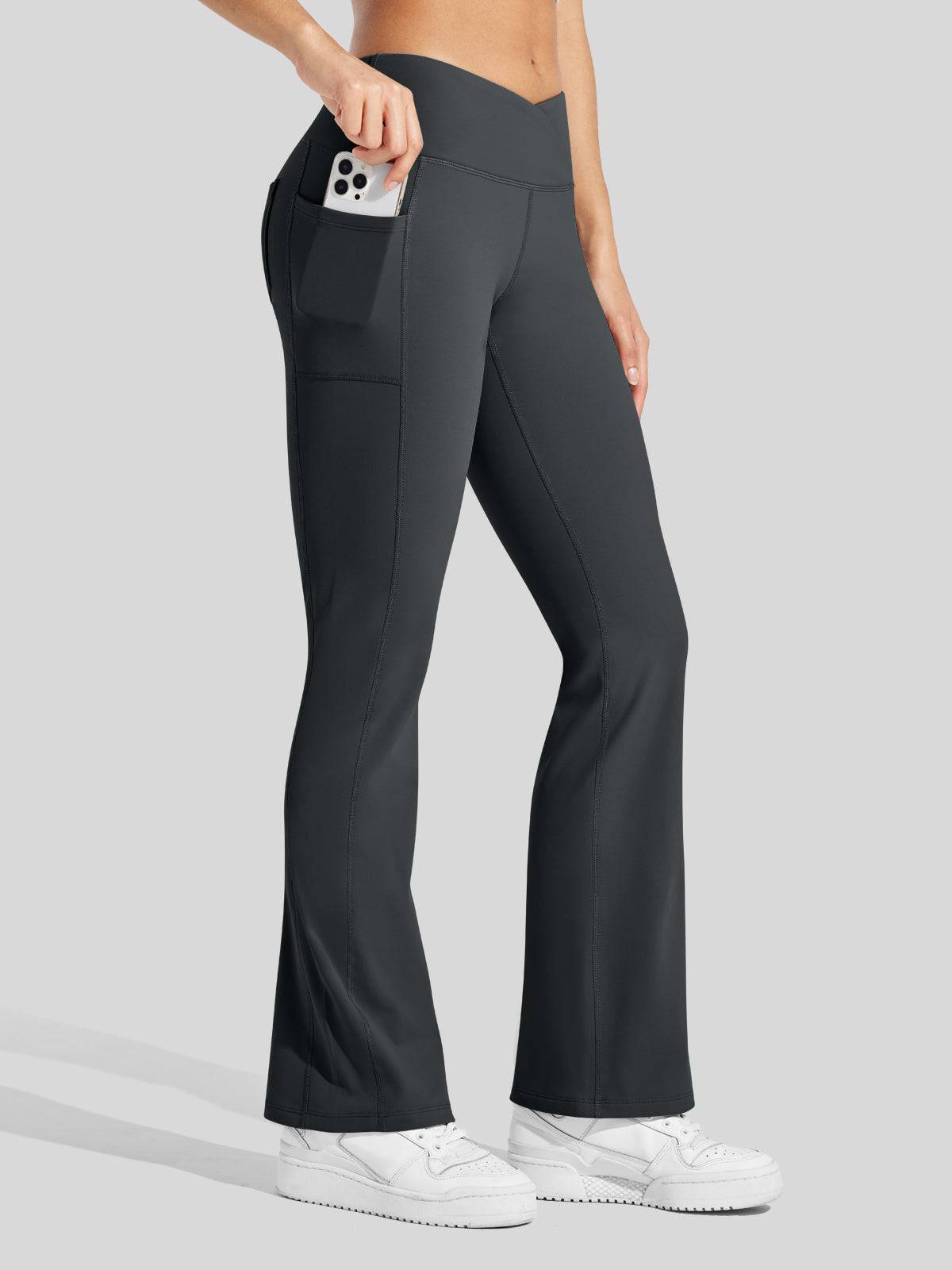 Lavisa - Women's Fleece Lined Crossover Flared Leggings with Pockets