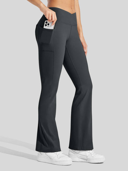 Lavisa - Women's Fleece Lined Crossover Flared Leggings with Pockets