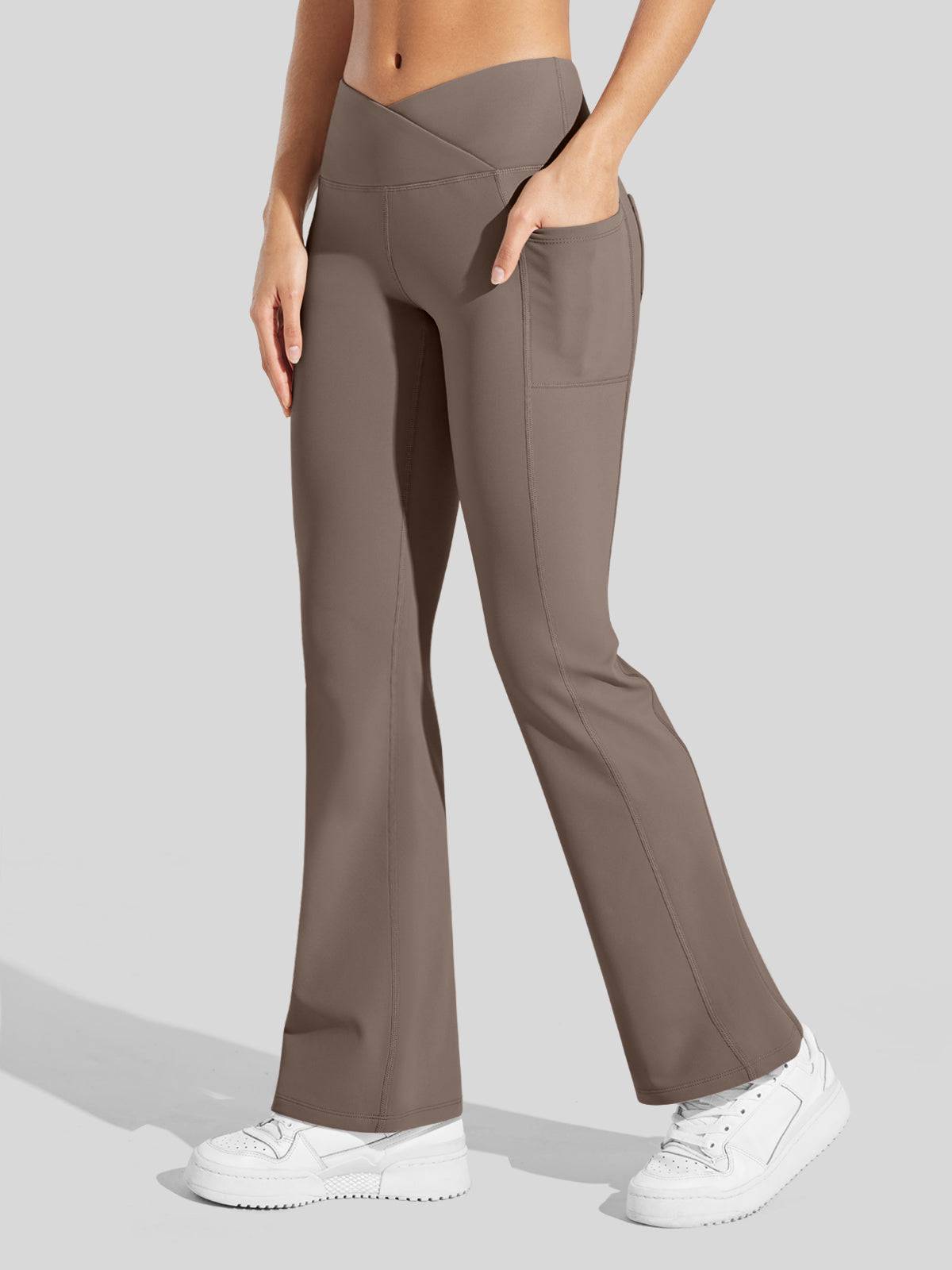 Lavisa - Women's Fleece Lined Crossover Flared Leggings with Pockets