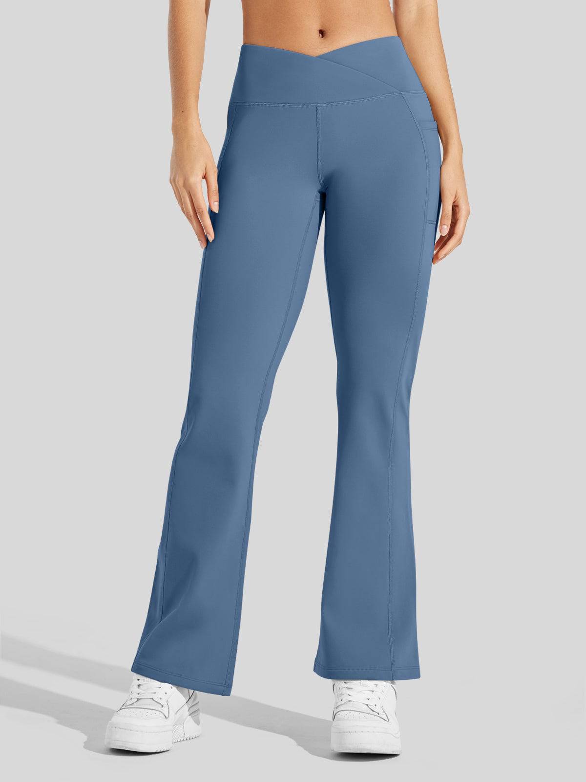 Lavisa - Women's Fleece Lined Crossover Flared Leggings with Pockets