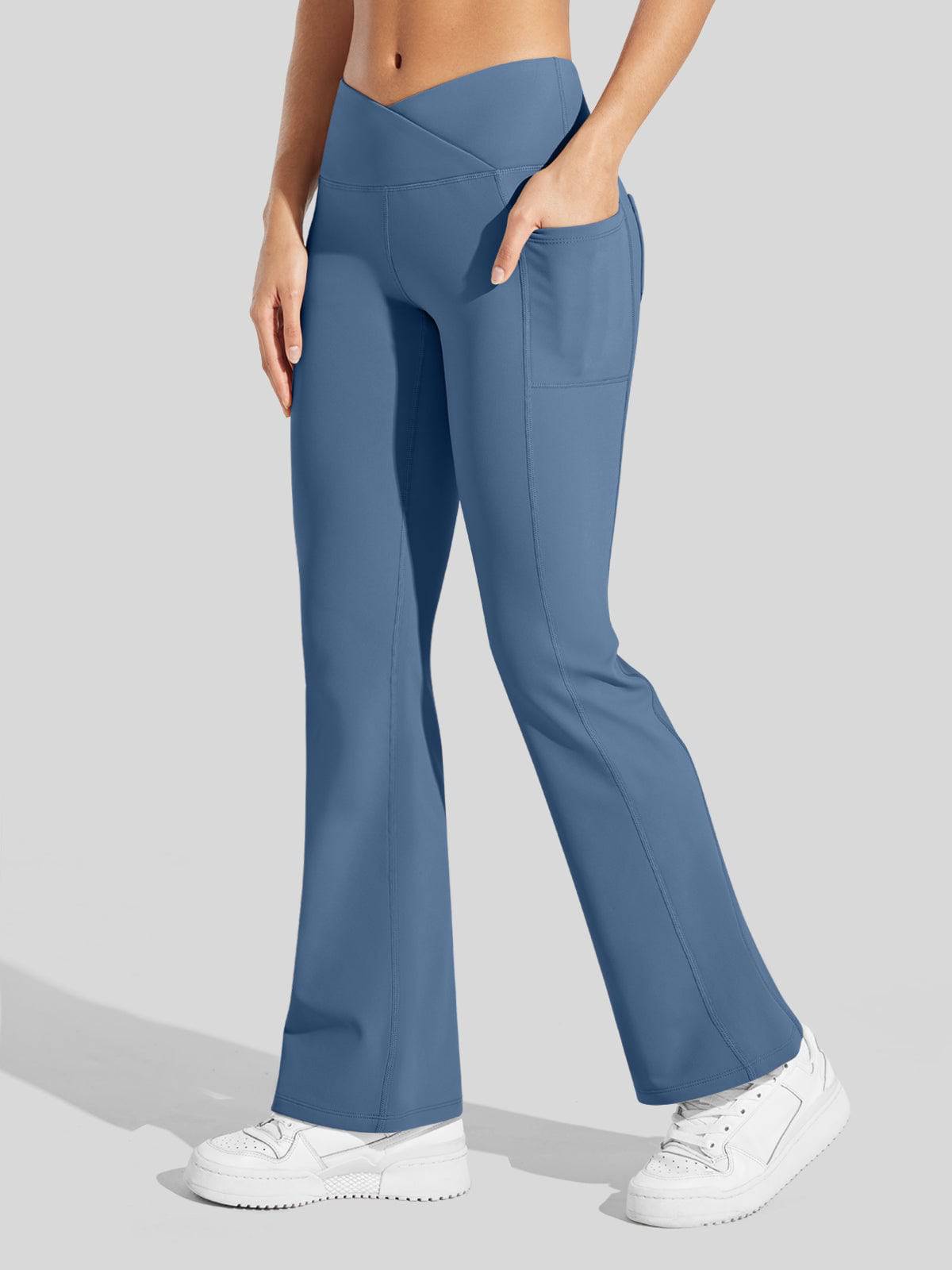 Lavisa - Women's Fleece Lined Crossover Flared Leggings with Pockets