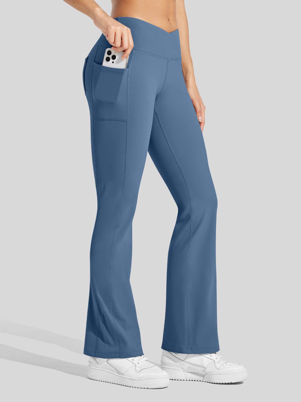 Lavisa - Women's Fleece Lined Crossover Flared Leggings with Pockets