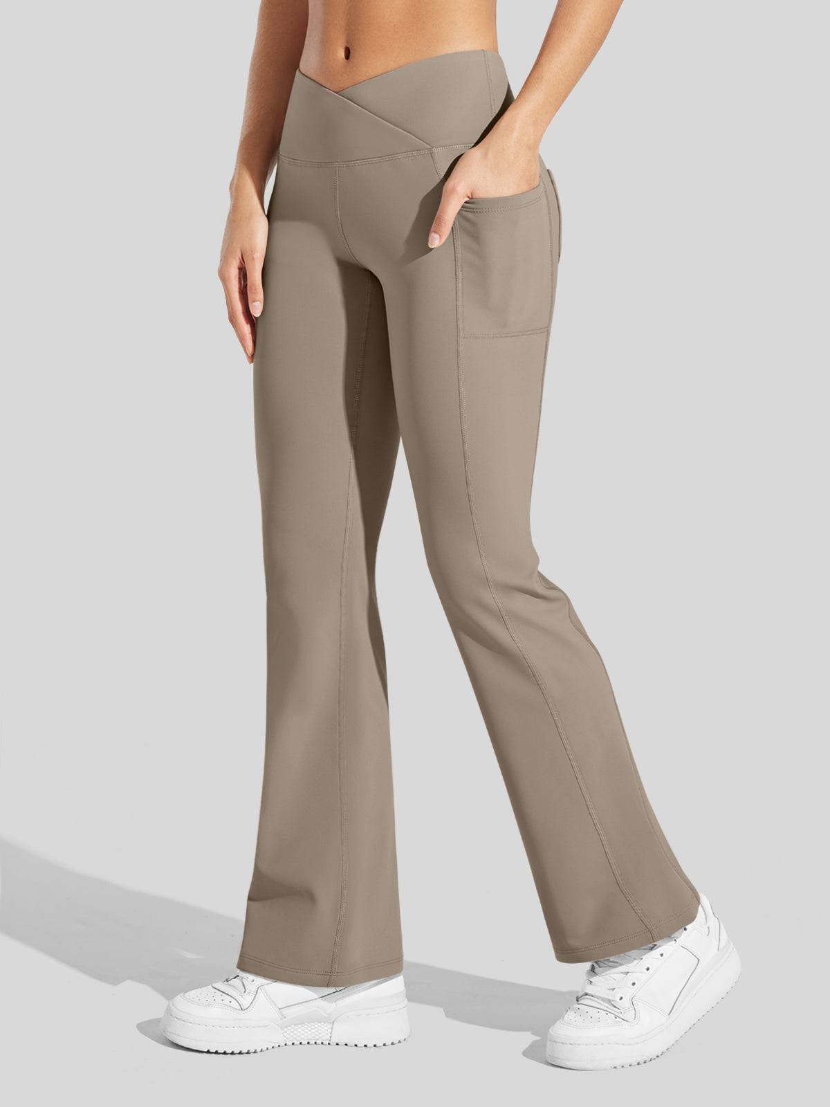 Lavisa - Women's Fleece Lined Crossover Flared Leggings with Pockets