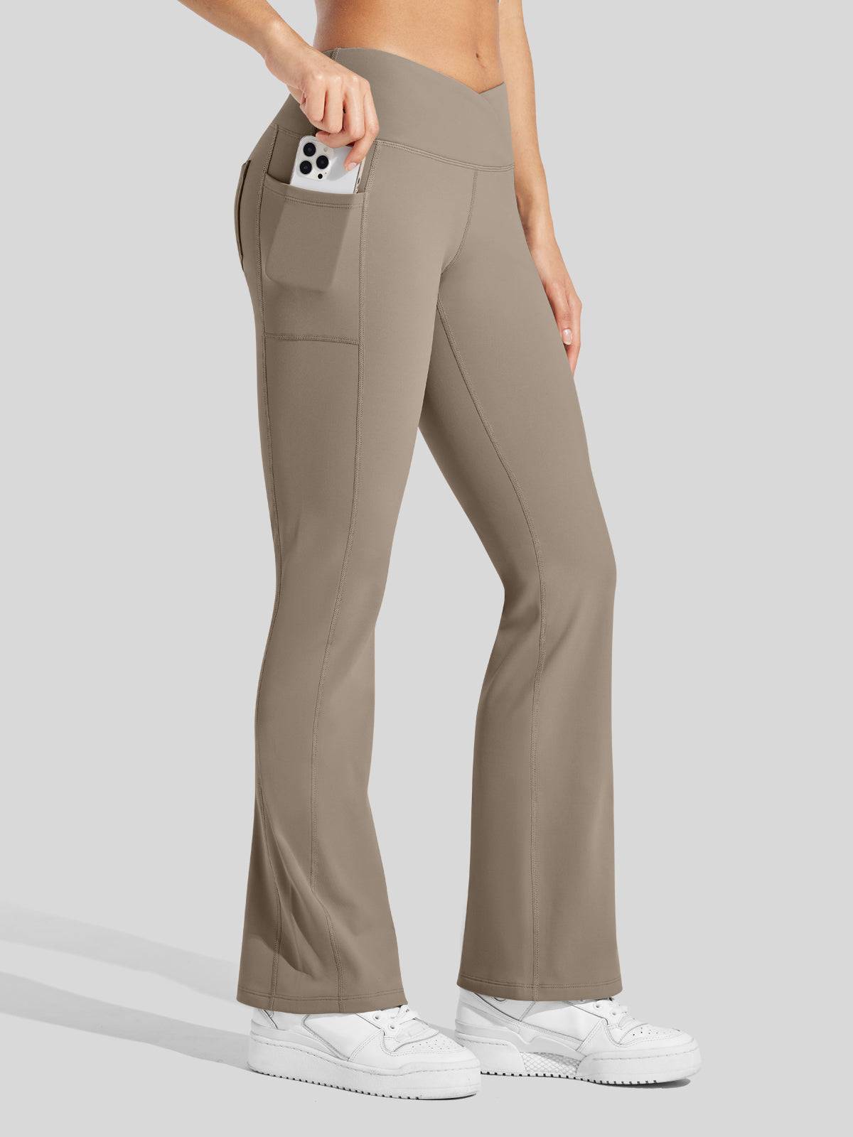 Lavisa - Women's Fleece Lined Crossover Flared Leggings with Pockets