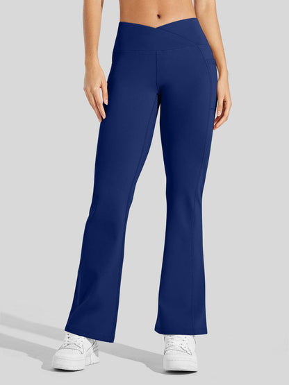 Lavisa - Women's Fleece Lined Crossover Flared Leggings with Pockets