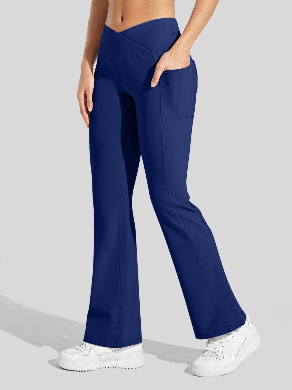Lavisa - Women's Fleece Lined Crossover Flared Leggings with Pockets