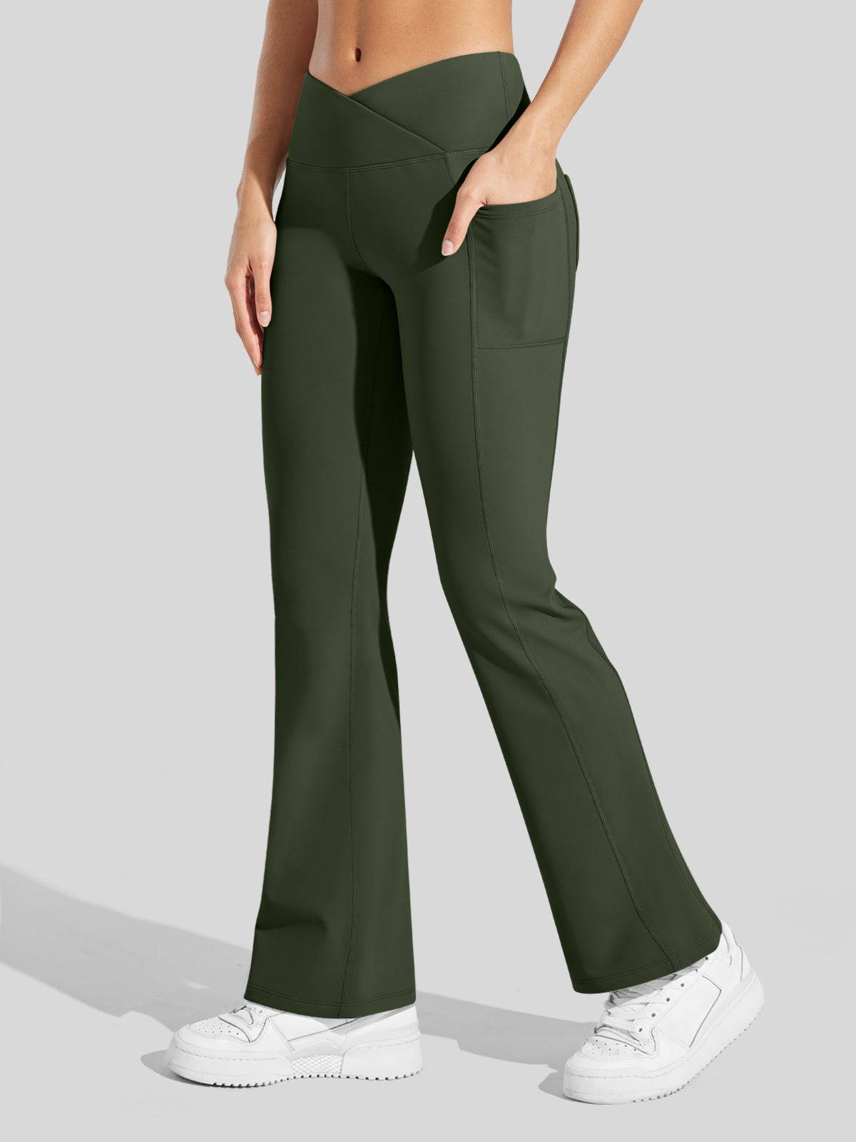 Lavisa - Women's Fleece Lined Crossover Flared Leggings with Pockets