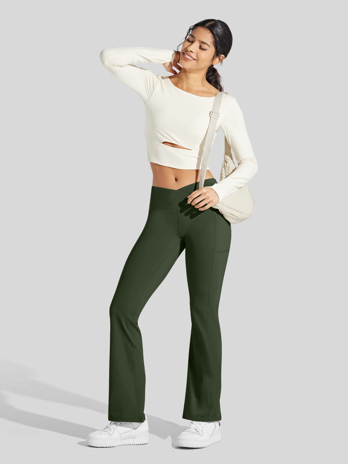 Lavisa - Women's Fleece Lined Crossover Flared Leggings with Pockets