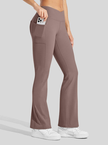 Lavisa - Women's Fleece Lined Crossover Flared Leggings with Pockets