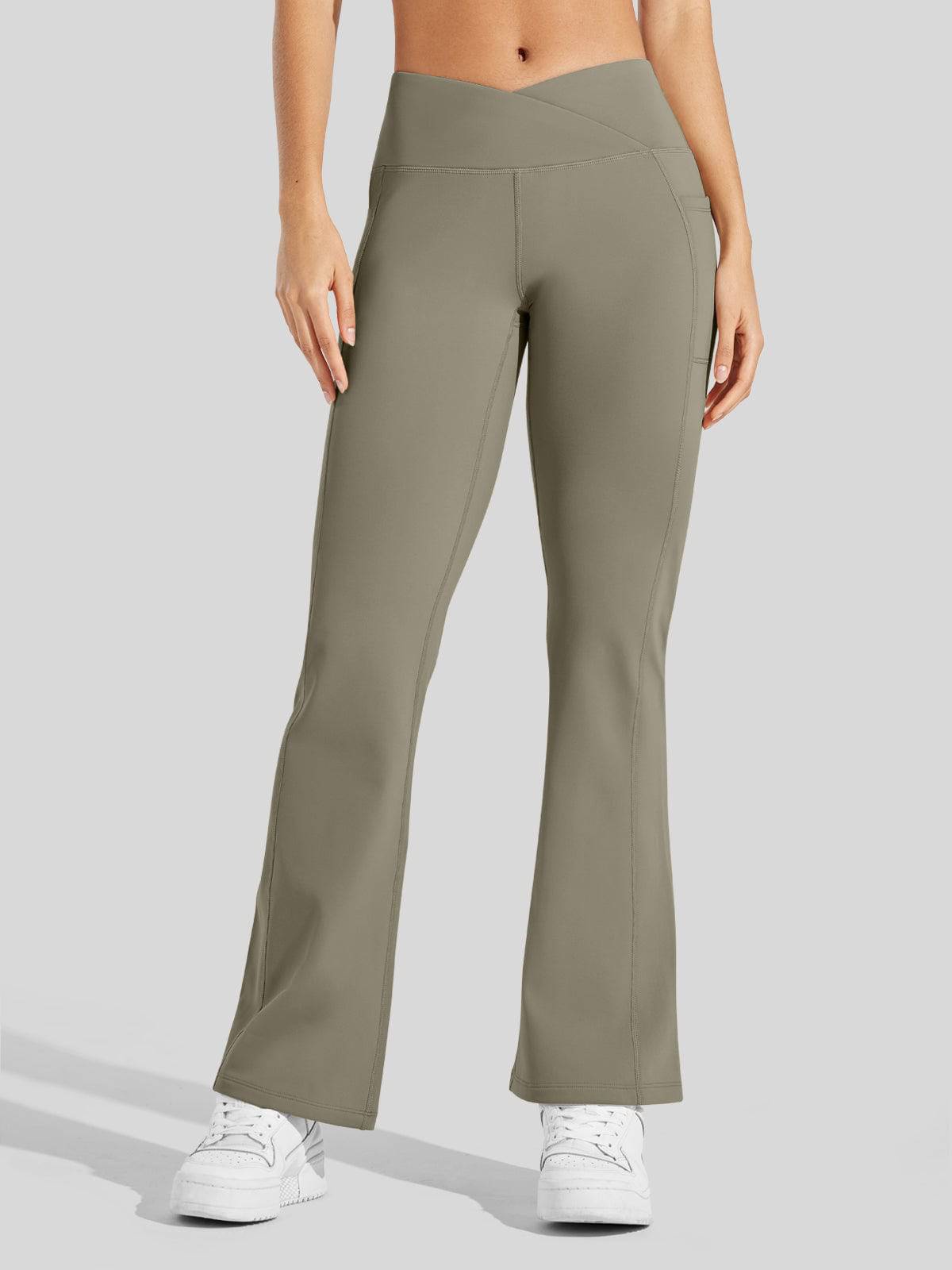 Lavisa - Women's Fleece Lined Crossover Flared Leggings with Pockets