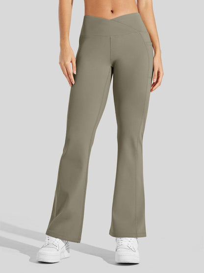 Lavisa - Women's Fleece Lined Crossover Flared Leggings with Pockets