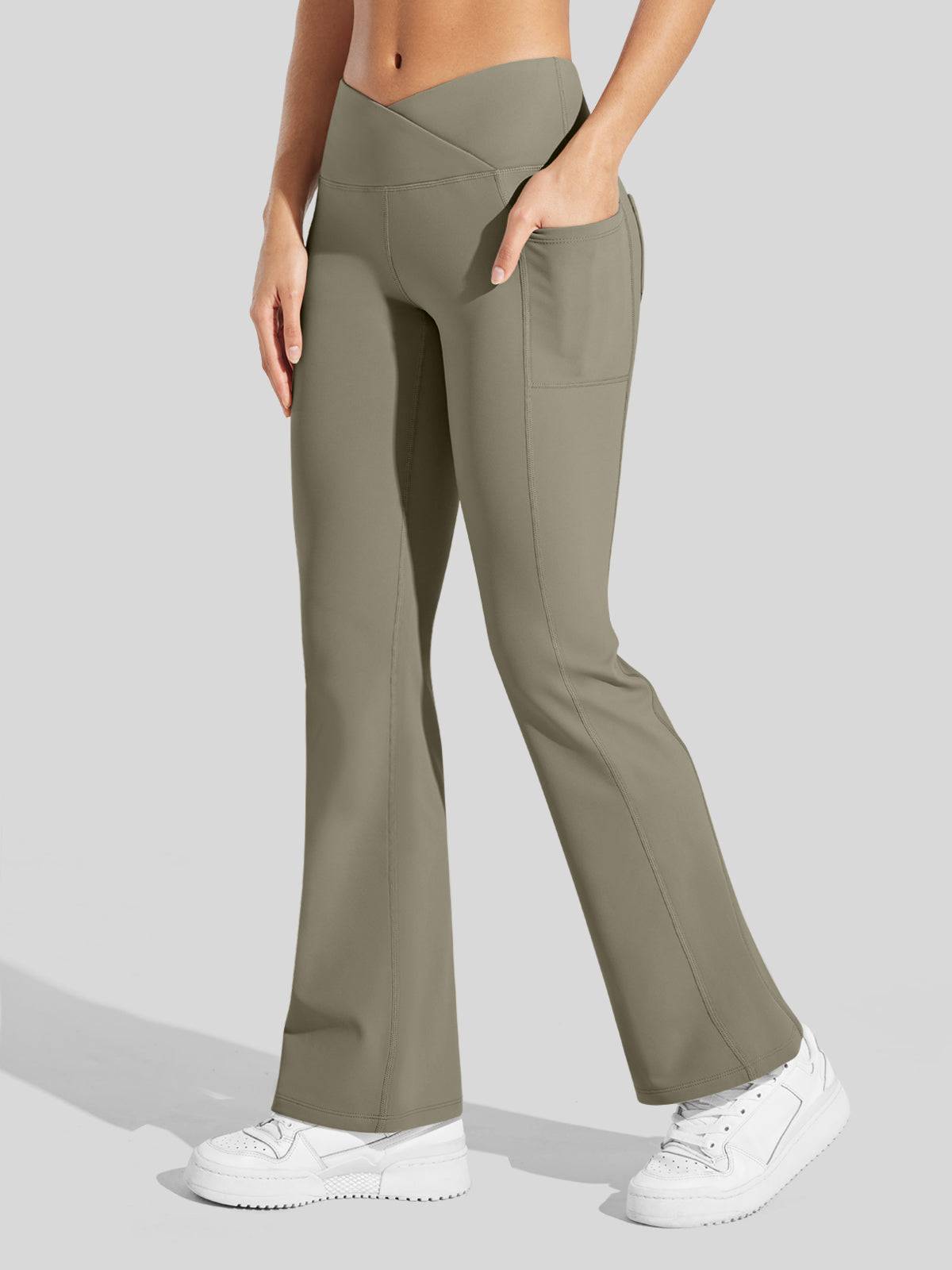 Lavisa - Women's Fleece Lined Crossover Flared Leggings with Pockets