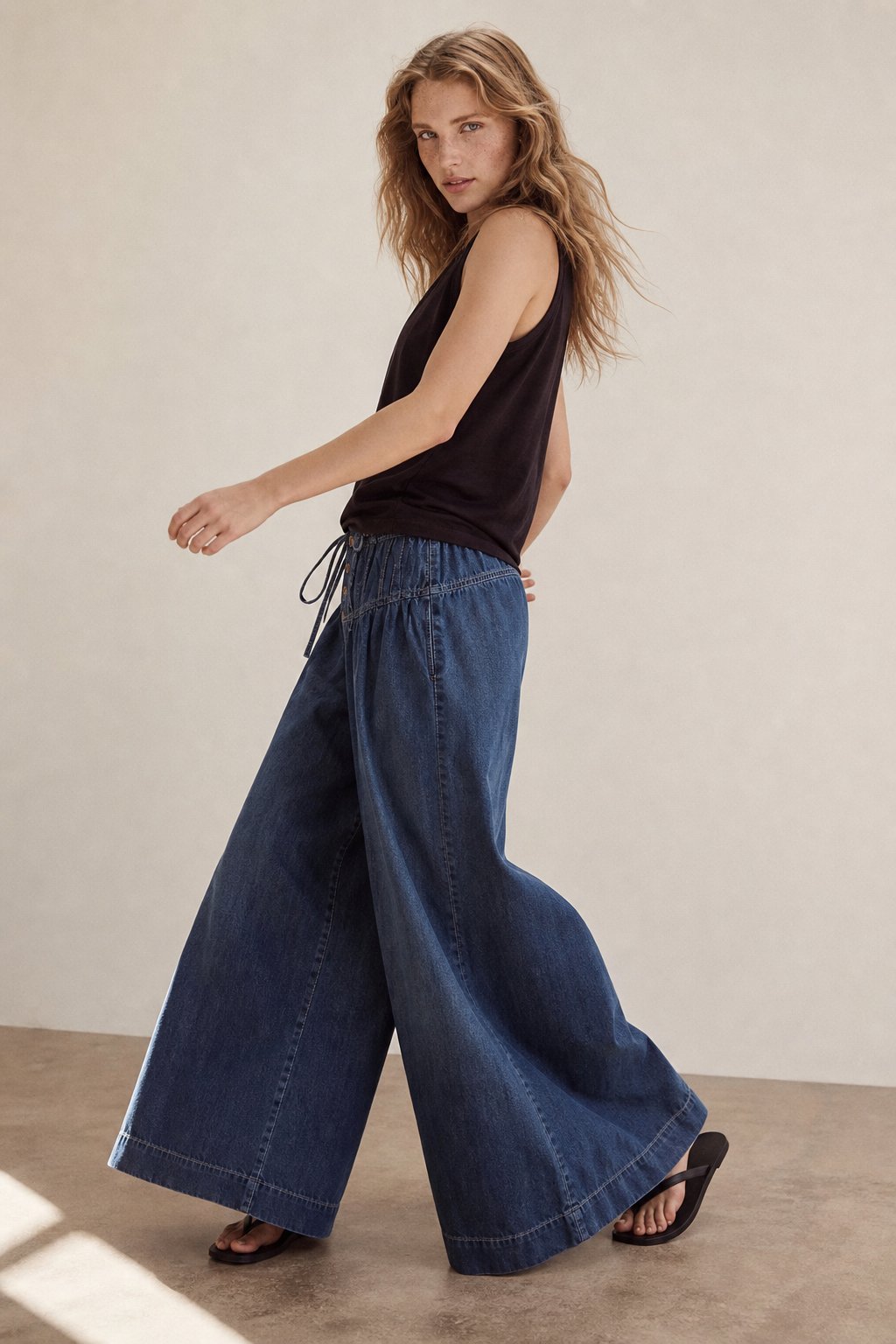 Lavisa - Womens Pull On Chambray Wide Leg Denim Pants