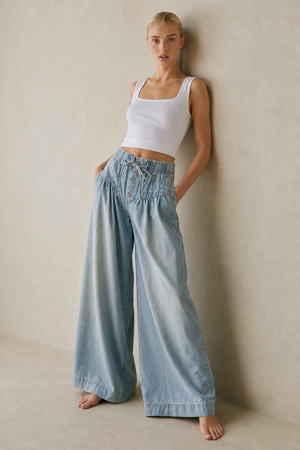 Lavisa - Womens Pull On Chambray Wide Leg Denim Pants