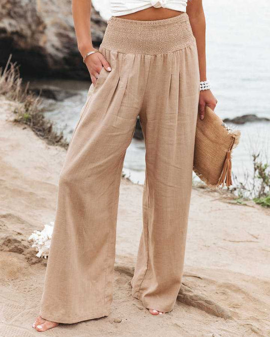 Lavisa - Smocked High-Waist Wide-Leg Pants