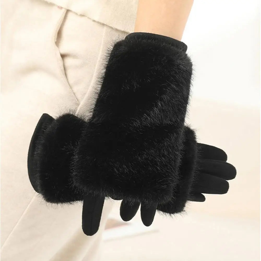 Lavisa - Suede Touchscreen Winter Gloves with Rabbit Fur Trim