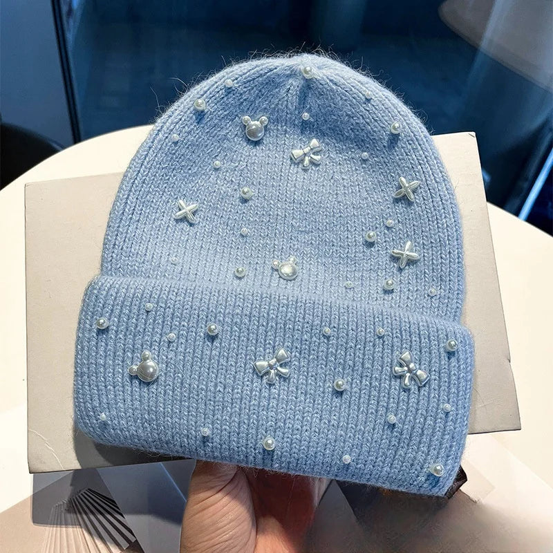 Lavisa - Pearl Accent Knit Beanie Winter Hat