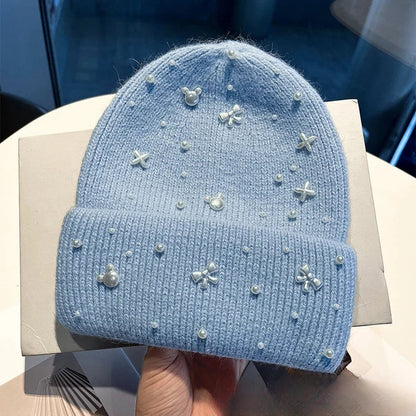 Lavisa - Pearl Accent Knit Beanie Winter Hat