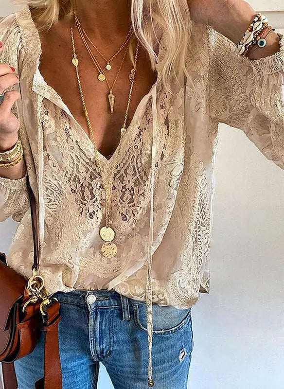 Womens Elegant Boho V Neck Blouse Long Sleeve Casual Top - Sole & Material View | Lavisa
