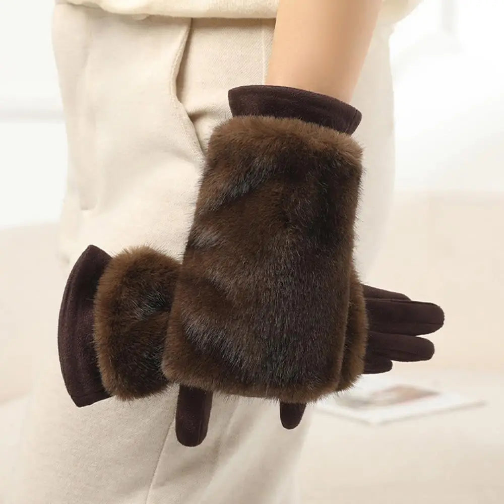 Lavisa - Suede Touchscreen Winter Gloves with Rabbit Fur Trim