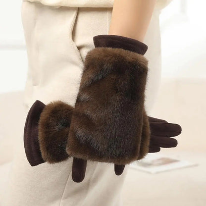 Lavisa - Suede Touchscreen Winter Gloves with Rabbit Fur Trim