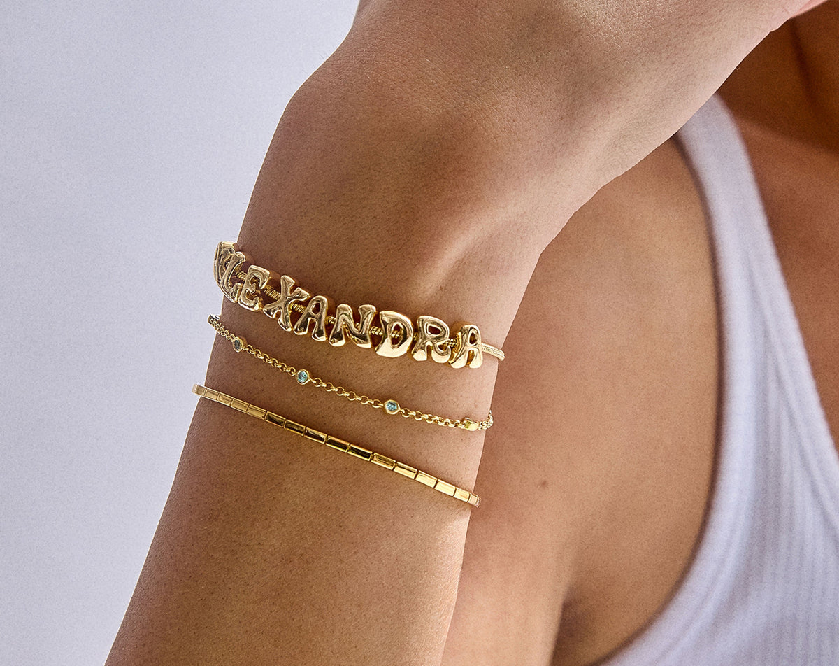 Lavisa - Single Strand Bubble Letter Custom Bracelet - On-Model & Scale View