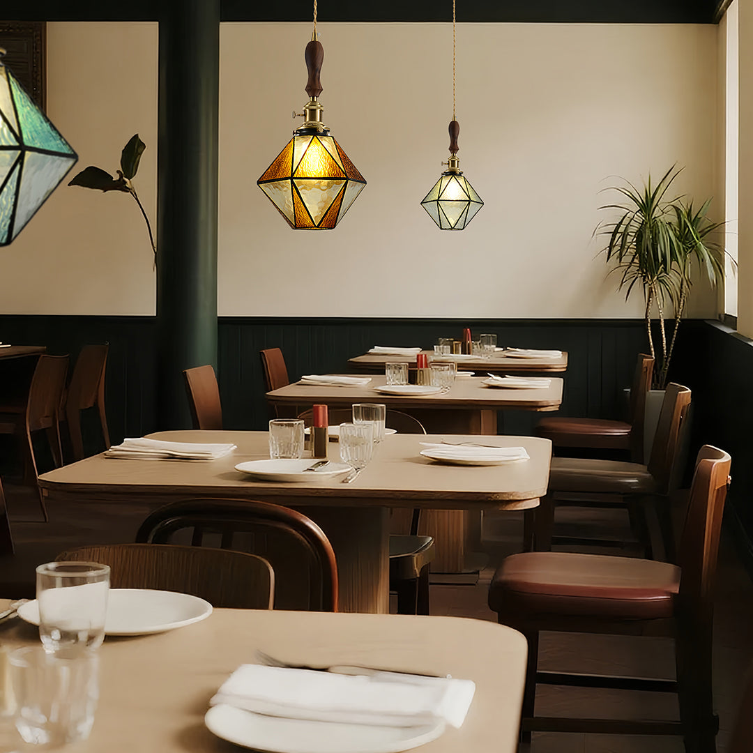 Lavisa - Geometric Diamond Glass Pendant Light with Brass and Wood