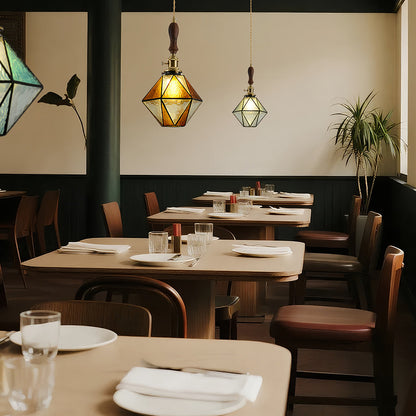 Lavisa - Geometric Diamond Glass Pendant Light with Brass and Wood
