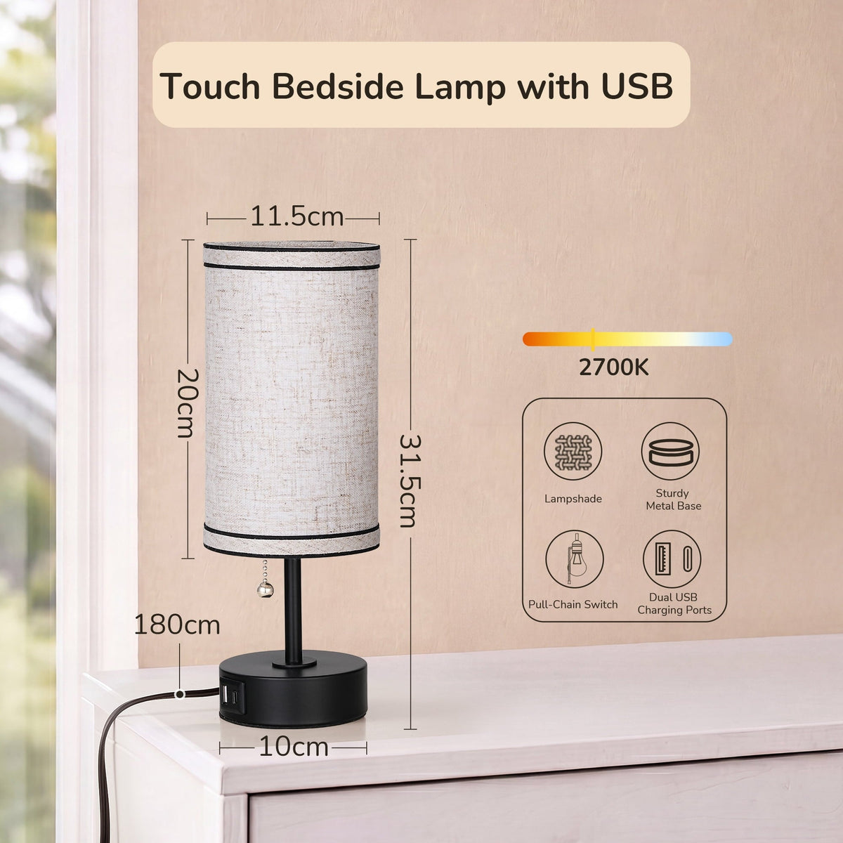 Lavisa - Small Bedside Table Lamps with USB Charging Ports