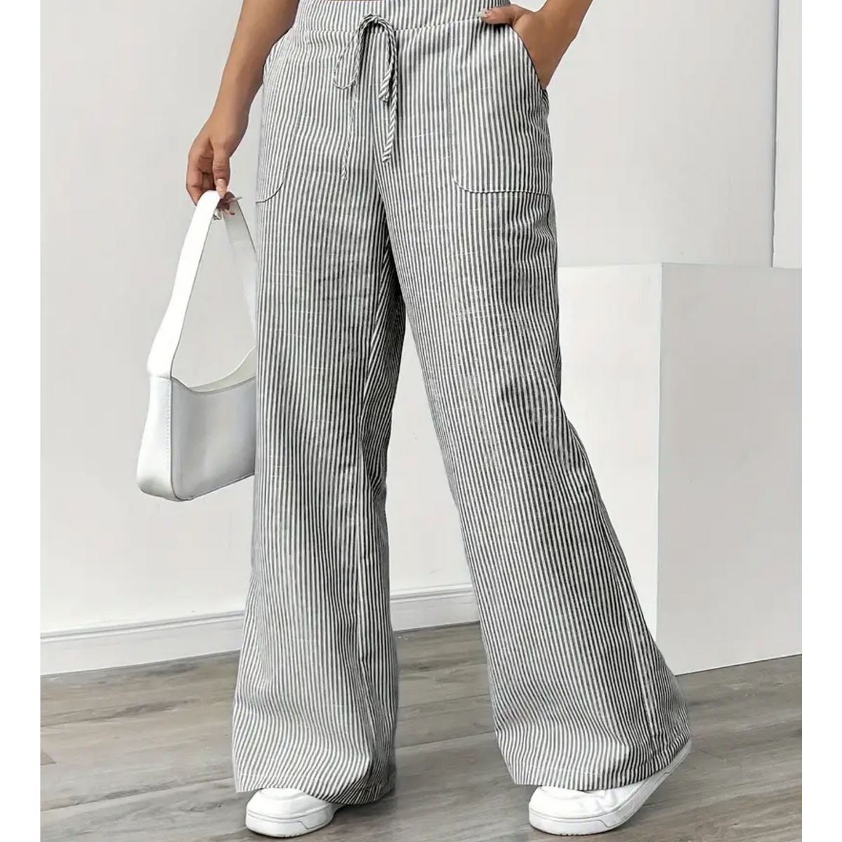 Lavisa - Women's High Rise Wide Leg Palazzo Pants - Striped Drawstring Trousers