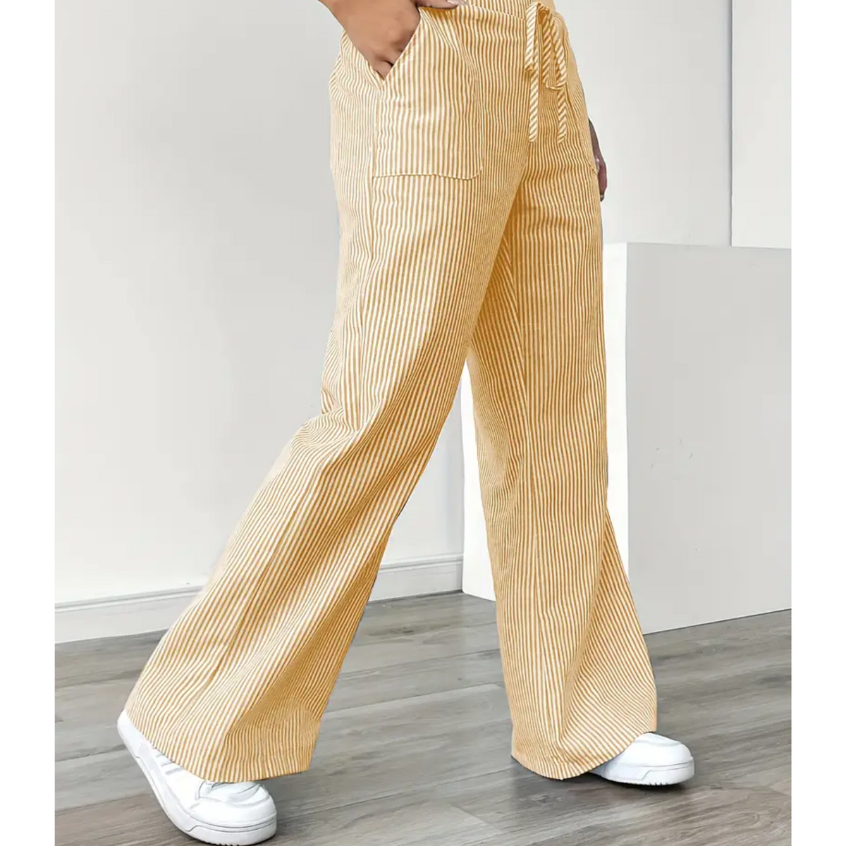 Lavisa - Women's High Rise Wide Leg Palazzo Pants - Striped Drawstring Trousers