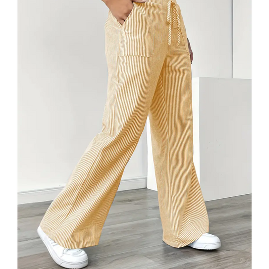 Lavisa - Women's High Rise Wide Leg Palazzo Pants - Striped Drawstring Trousers