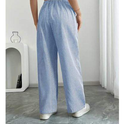 Lavisa - Women's High Rise Wide Leg Palazzo Pants - Striped Drawstring Trousers