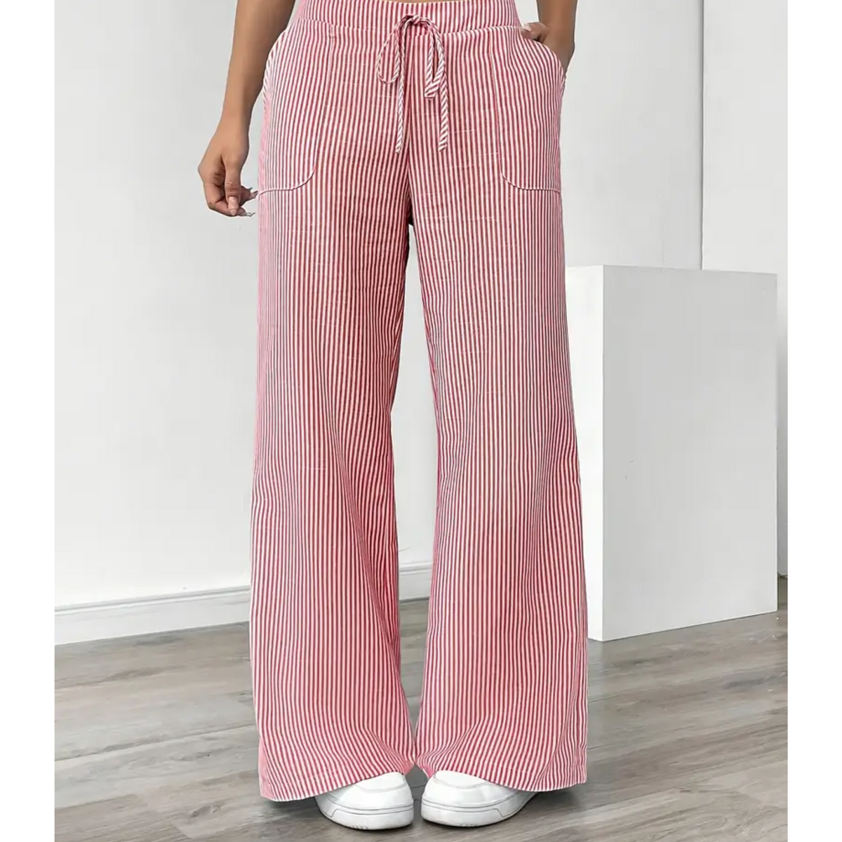 Lavisa - Women's High Rise Wide Leg Palazzo Pants - Striped Drawstring Trousers