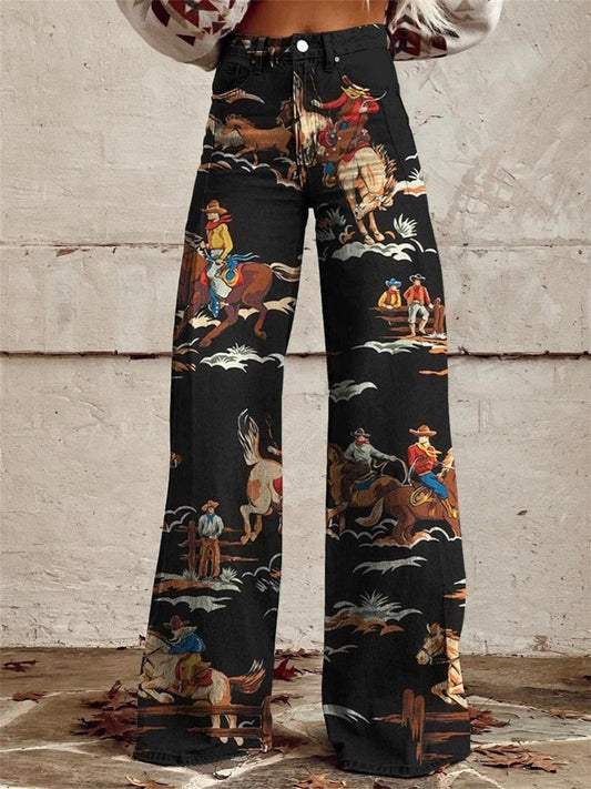 Lavisa - High Waisted Wide Leg Western Print Denim Pants