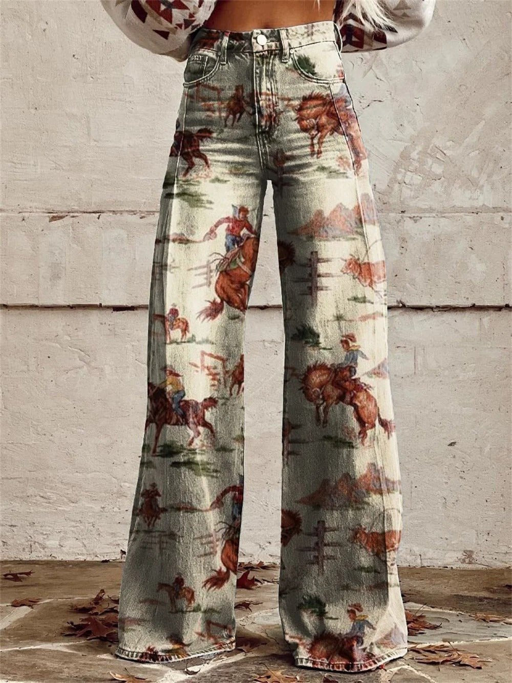 Lavisa - High Waisted Wide Leg Western Print Denim Pants