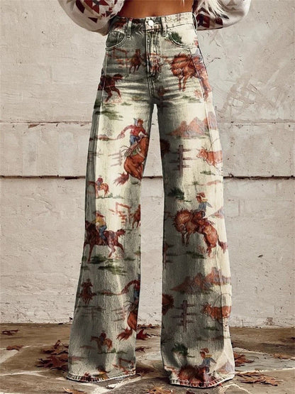 Lavisa - High Waisted Wide Leg Western Print Denim Pants