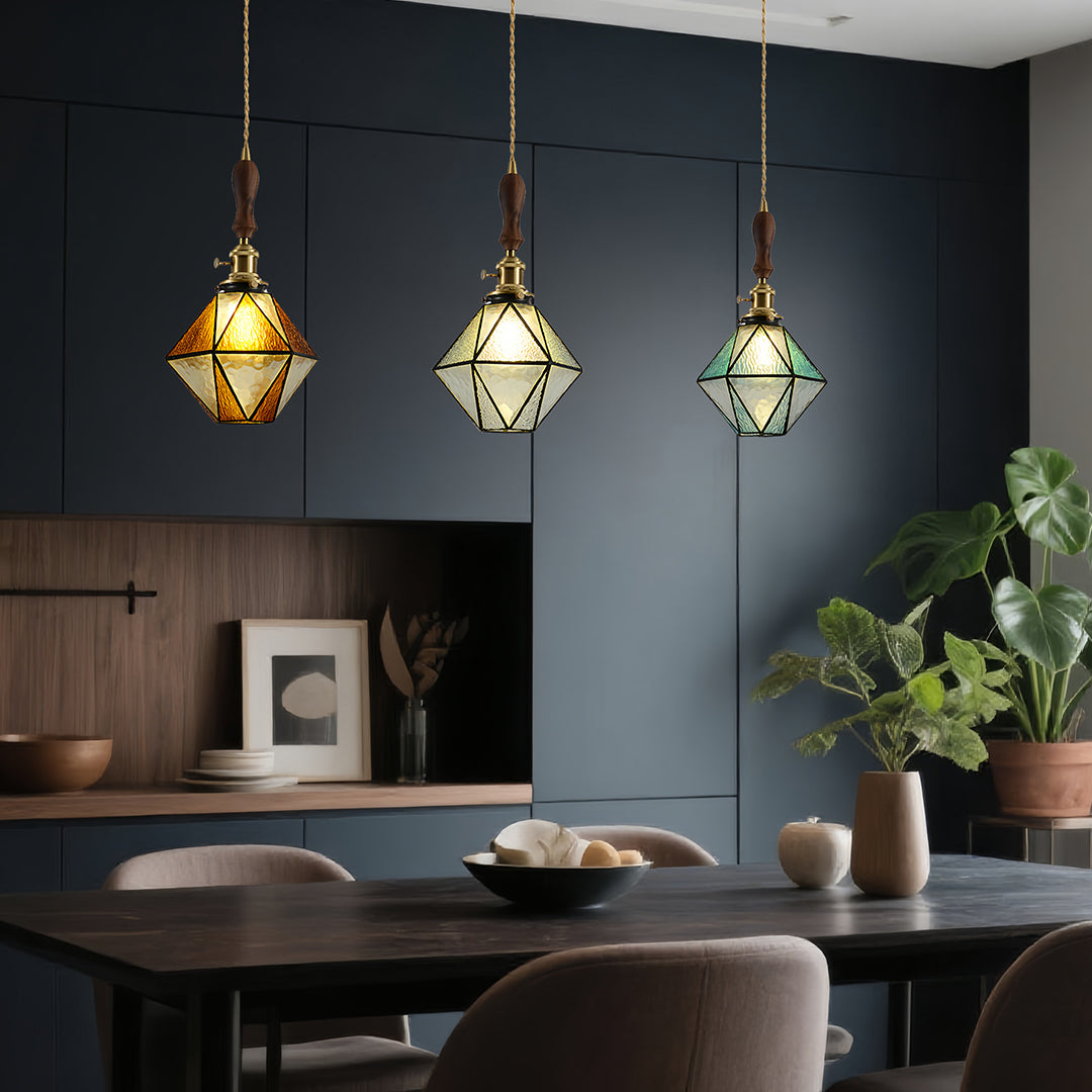 Lavisa - Geometric Diamond Glass Pendant Light with Brass and Wood