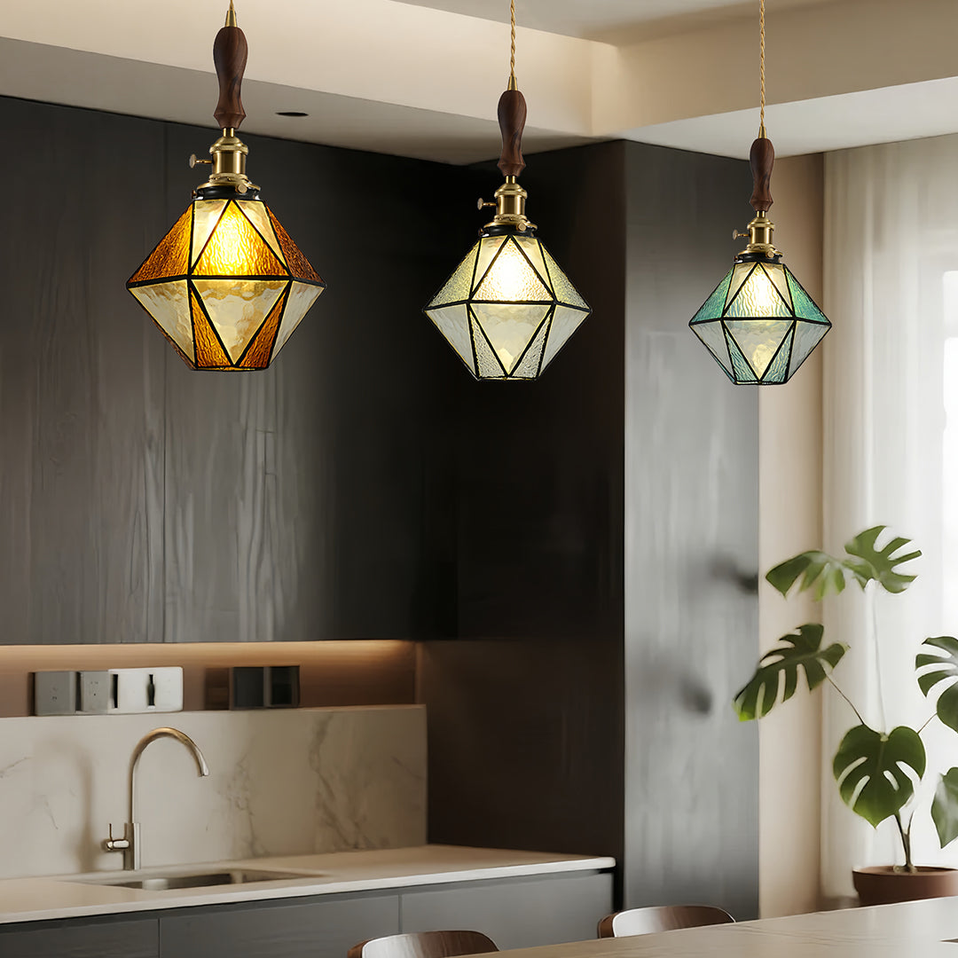 Lavisa - Geometric Diamond Glass Pendant Light with Brass and Wood