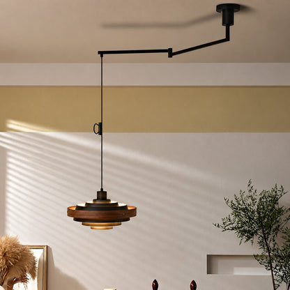 Lavisa - Japandi Shaded Drum Pendant Light - Modern Wood Hanging Ceiling Lamp