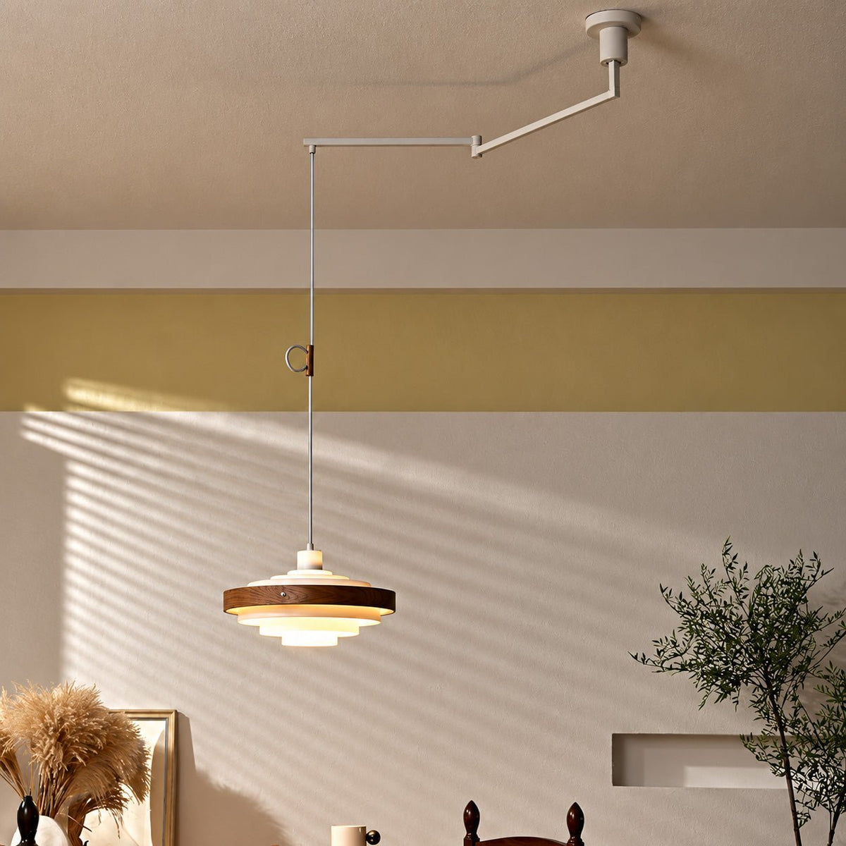 Lavisa - Japandi Shaded Drum Pendant Light - Modern Wood Hanging Ceiling Lamp