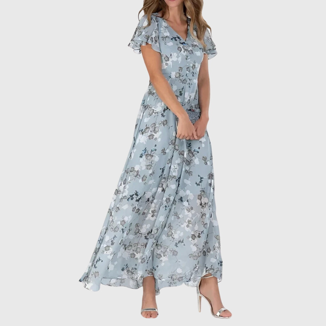 Womens Floral V Neck Maxi Dress Flowy Summer Party Gown - Side Angle | Lavisa