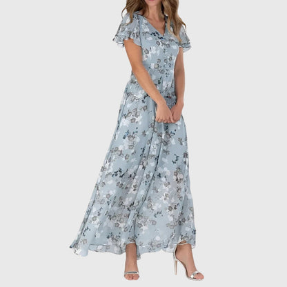 Womens Floral V Neck Maxi Dress Flowy Summer Party Gown - Side Angle | Lavisa