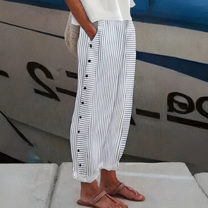 Lavisa - Women's Wide-Leg Striped Pants with Button Detail