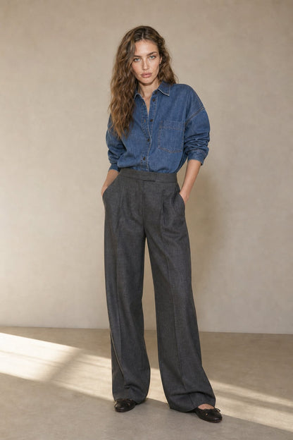 Lavisa - High Waisted Cotton Draped Wide Leg Pants