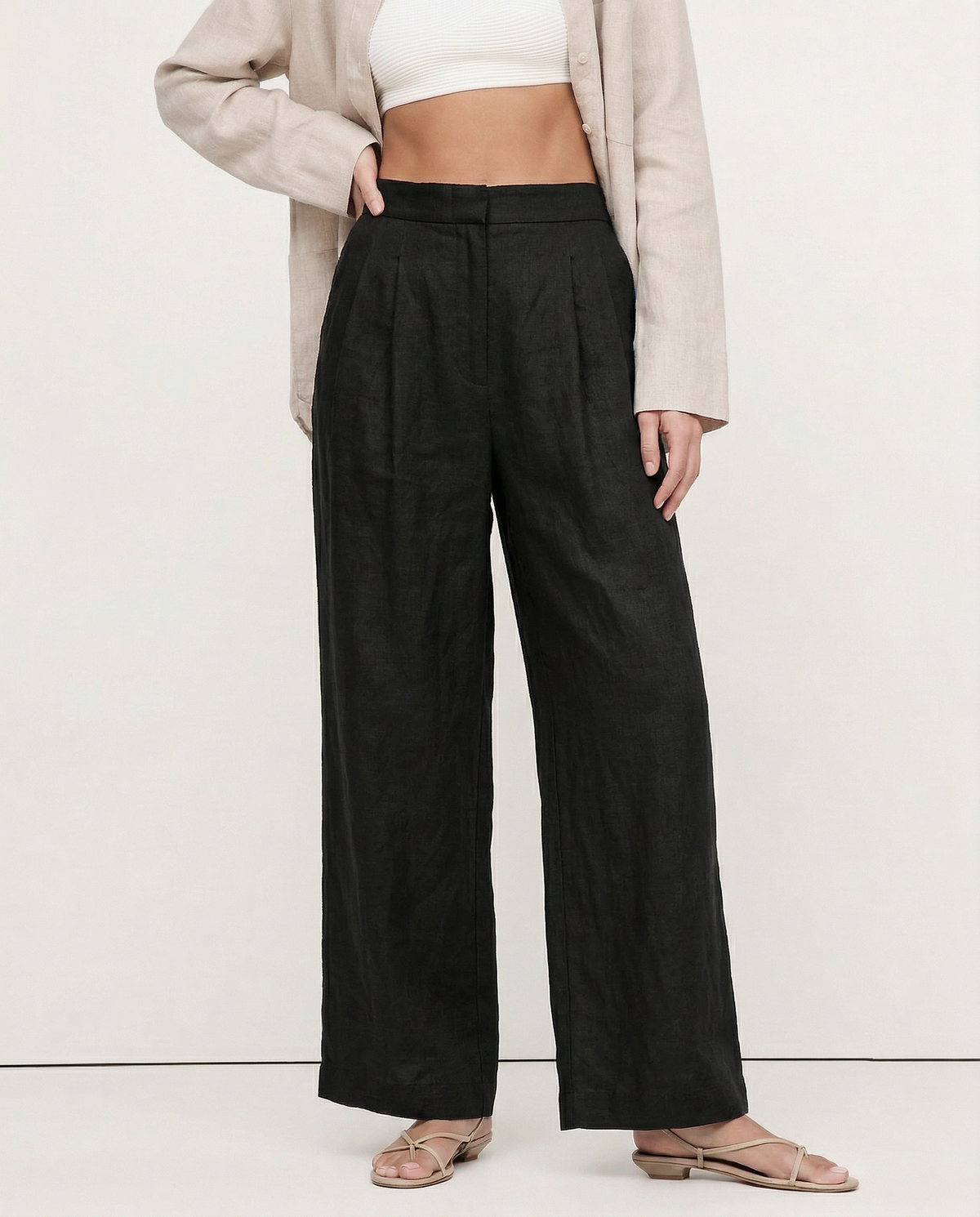 Lavisa - High Waisted Pleated Wide Leg Linen Pants