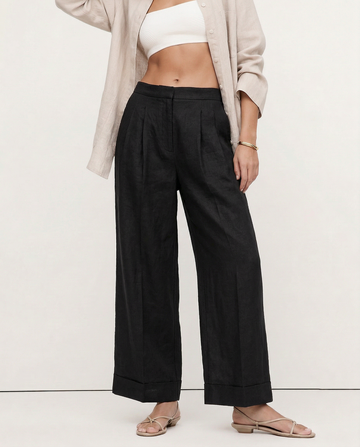 Lavisa - High Waisted Pleated Wide Leg Linen Pants