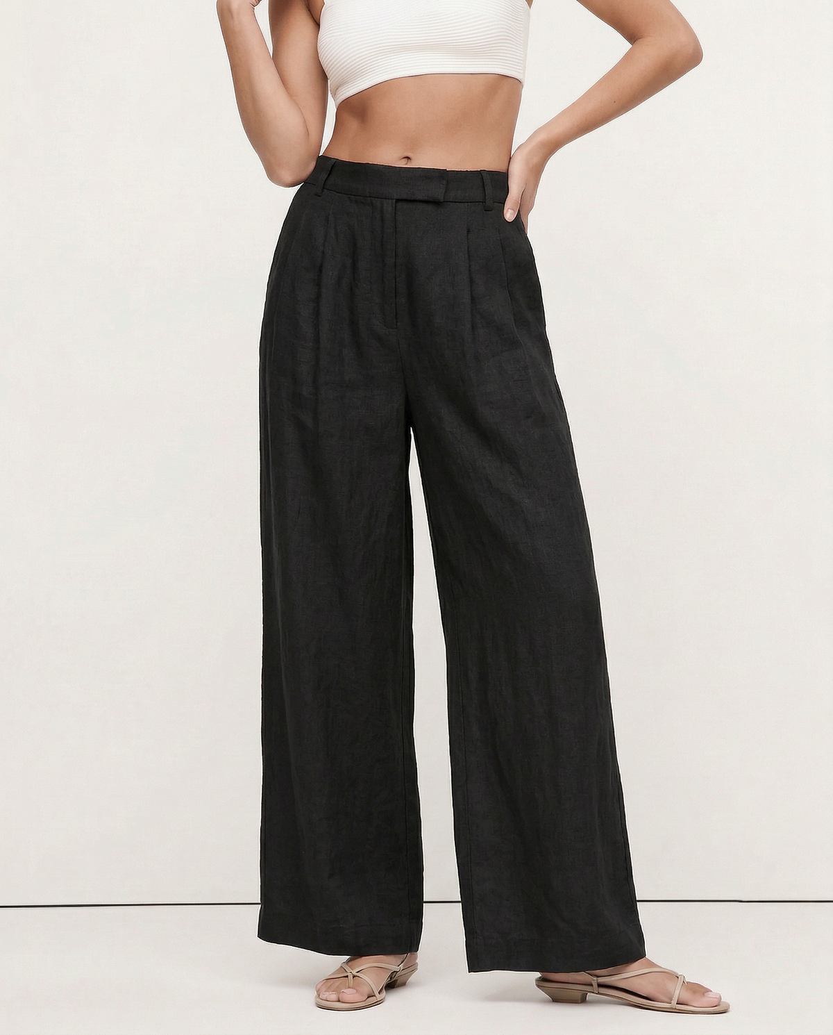 Lavisa - High Waisted Pleated Wide Leg Linen Pants